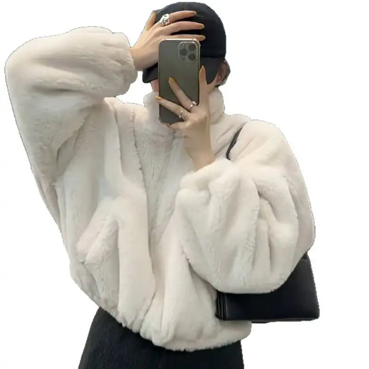 Weißer Kunstfell-Jacke, Damen, moderner Stil, Trend, IsabellBoutique030