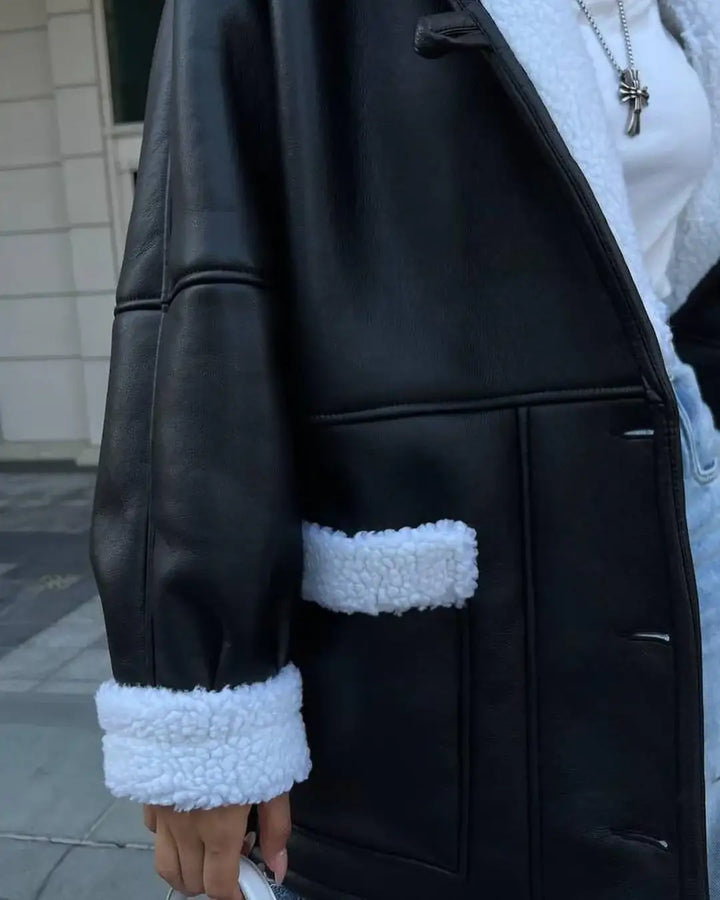 Schwarze Lederjacke mit weissem Fell, Damenmode, IsabellBoutique030