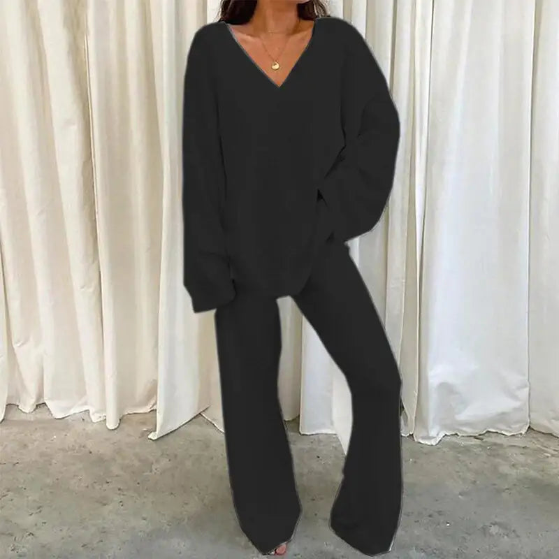 Winterliches Einfarbiges V-Ausschnitt Freizeit Homewear Zweiteiler Set - Damenmode online kaufen | Isabell Boutique