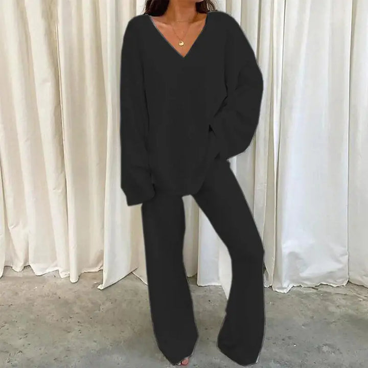 Winterliches Einfarbiges V-Ausschnitt Freizeit Homewear Zweiteiler Set - Damenmode online kaufen | Isabell Boutique