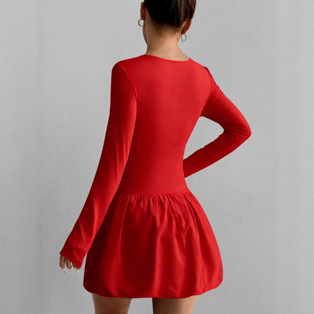 Rotes Langarm-Kleid mit Puffrock, elegant und trendig, IsabellBoutique030