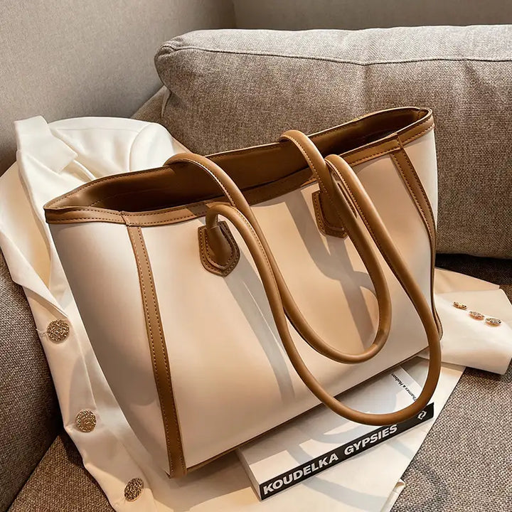 Weiß-braune Damenhandtasche mit Henkeln, trendiger Stil, IsabellBoutique030