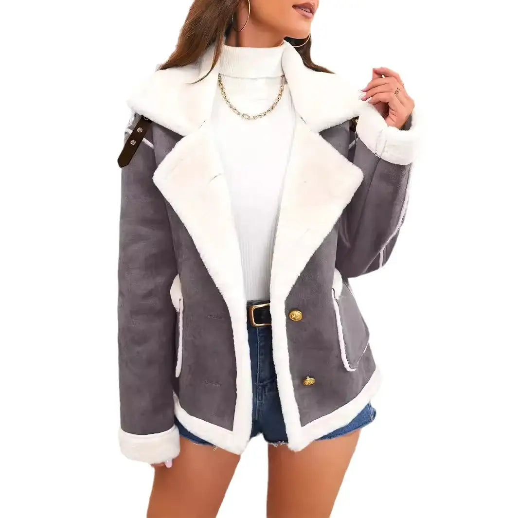 Grauer Damenmantel mit Fellkragen, Winterjacke, trendiger Stil, IsabellBoutique030
