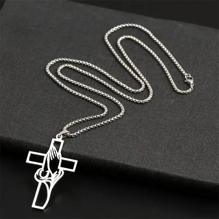 Halskette mit Kreuz-Anhänger, silberfarben, mit betenden Händen, IsabellBoutique030