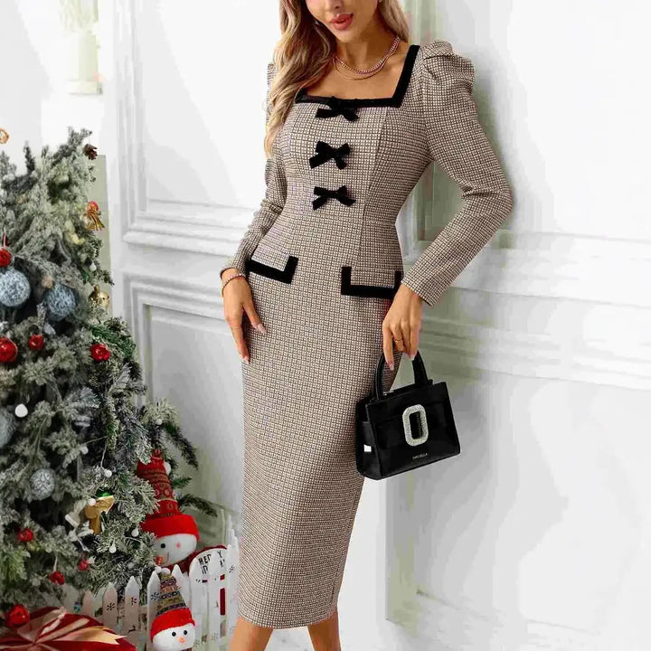 Elegantes Midi-Kleid mit Schleife, kariert, braun. Damenmode bei IsabellBoutique030.