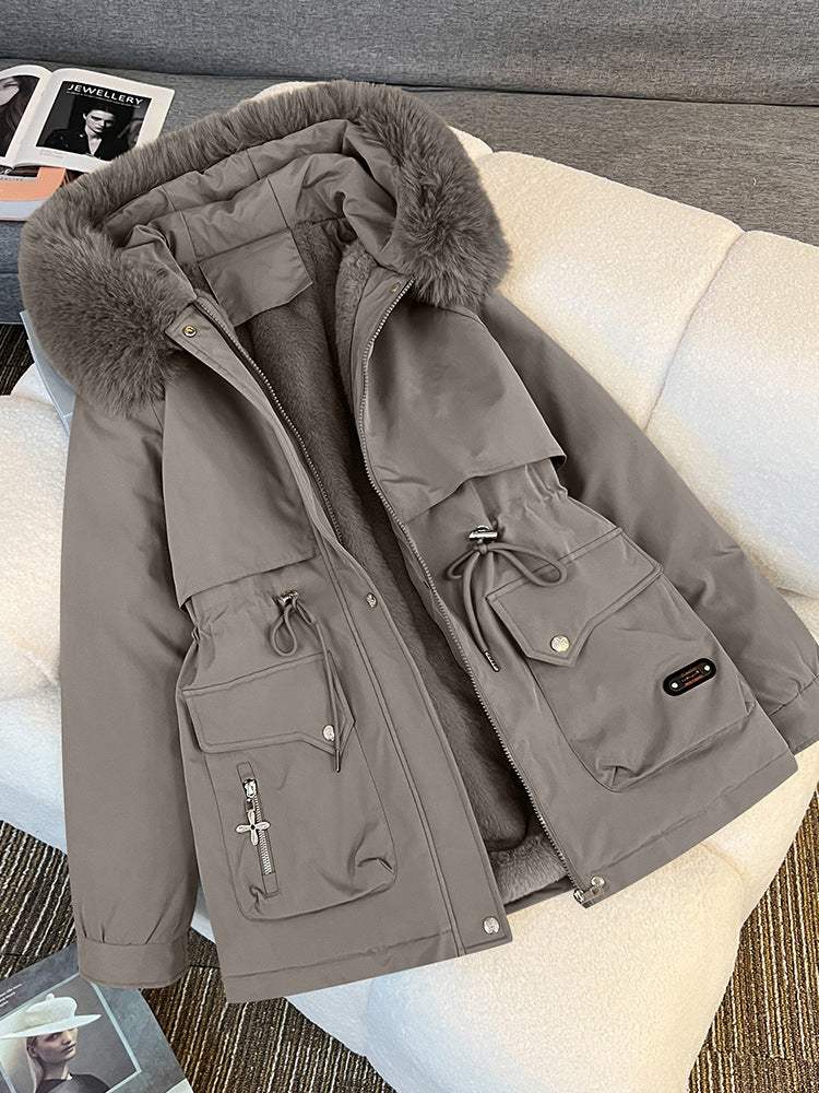 Grauer Damen-Winterparka mit Kapuze ve Fellkragen. Warm gefüttert, stylisch, IsabellBoutique030