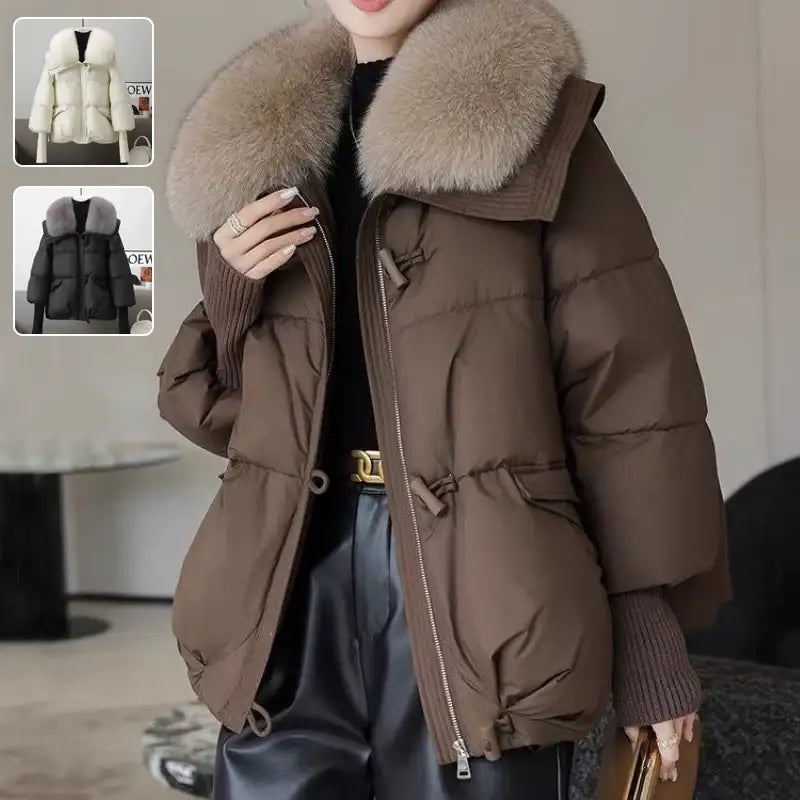 Braune Daunenjacke mit Pelzkragen, Wintermode, Damenmode bei IsabellBoutique030