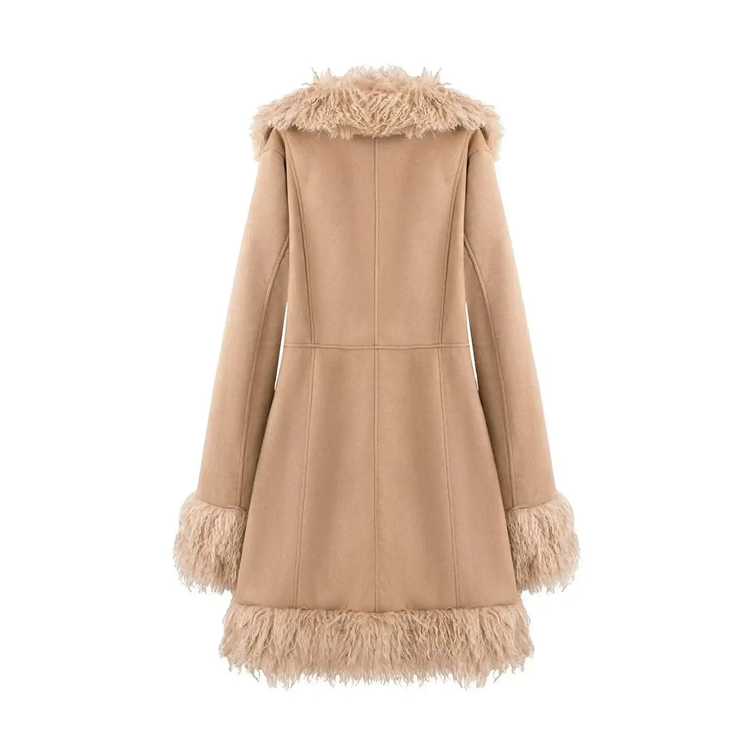 Stilvoller, mittellanger Mantel aus Wildleder mit Fell-Patchwork - Damenmode online kaufen | Isabell Boutique