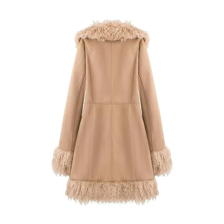 Stilvoller, mittellanger Mantel aus Wildleder mit Fell-Patchwork - Damenmode online kaufen | Isabell Boutique