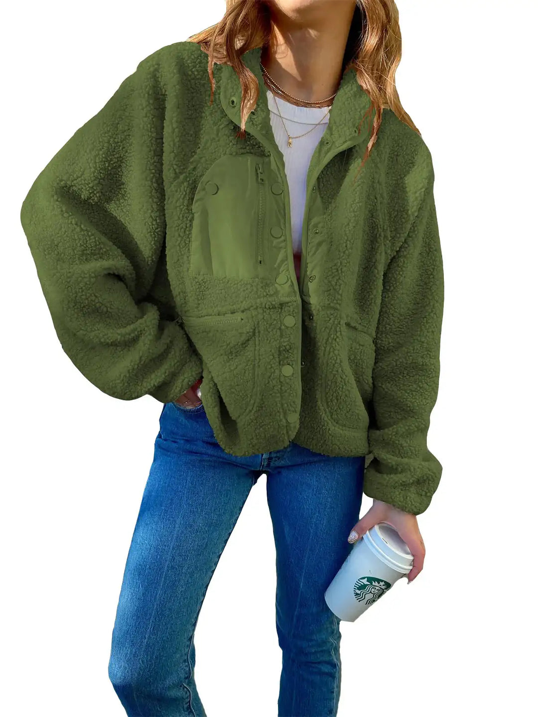 Grüne Teddy Fleece Jacke mit Knöpfen, Damenmode, IsabellBoutique030