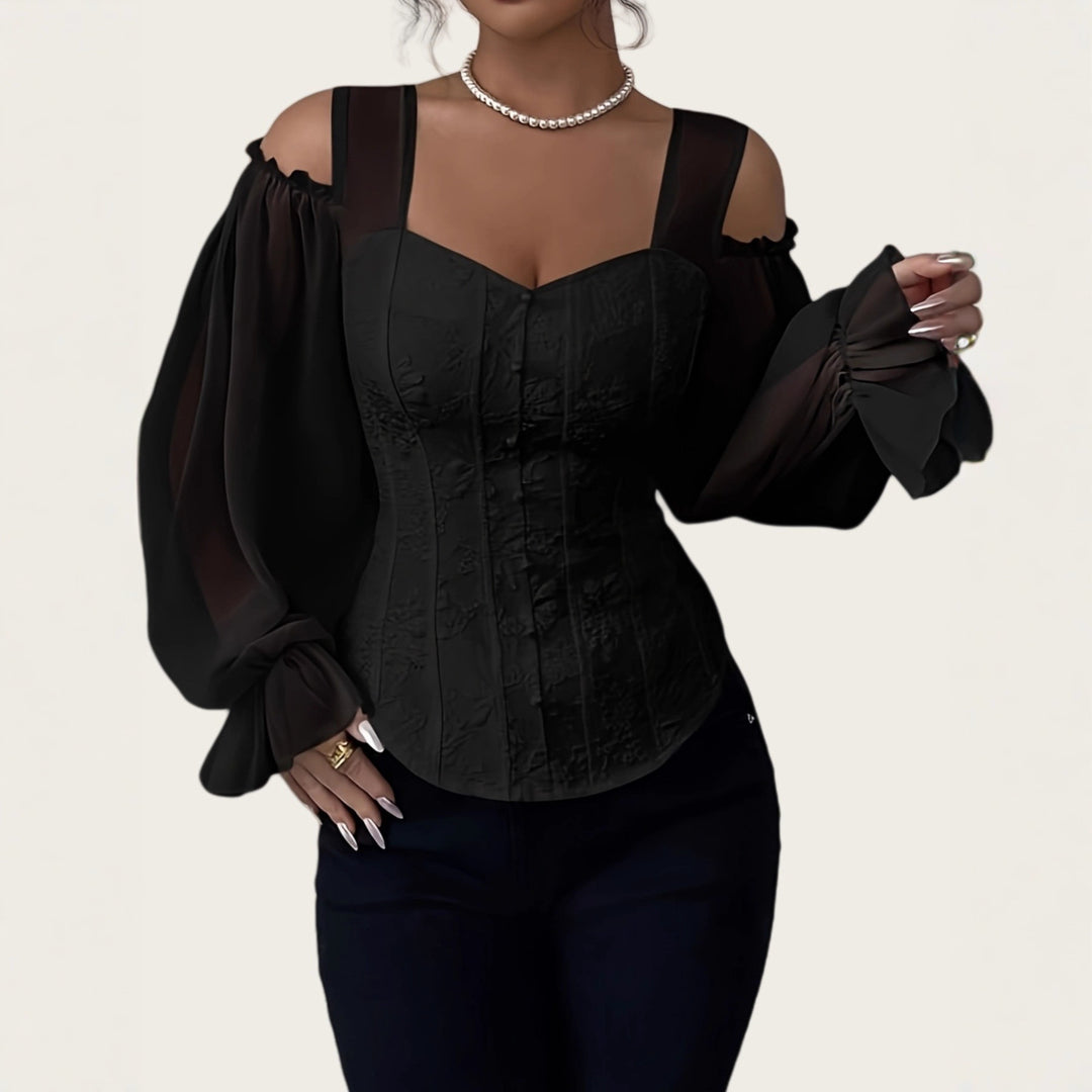 Schwarze Corset-Bluse mit Puffärmeln und Schulterausschnitt, elegant & figurbetont, IsabellBoutique030