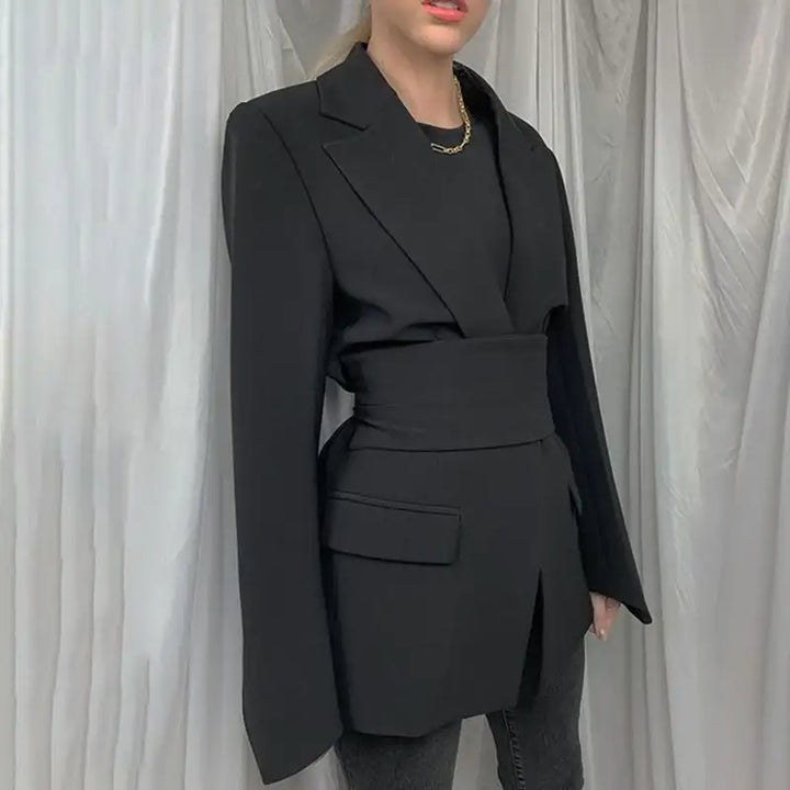 Schwarzer Blazer mit Taillengürtel, eleganter Stil, IsabellBoutique030