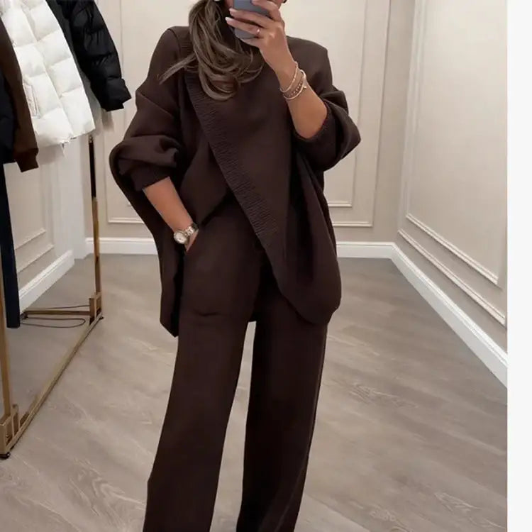 Braunes Strick-Set mit weiter Hose, elegantem Oberteil, Casual-Look, IsabellBoutique030
