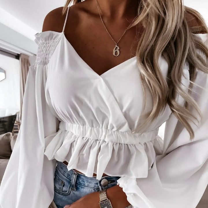 Weisses Oberteil mit Rüschen und Volantärmeln, weite Ärmel, Damenmode, IsabellBoutique030