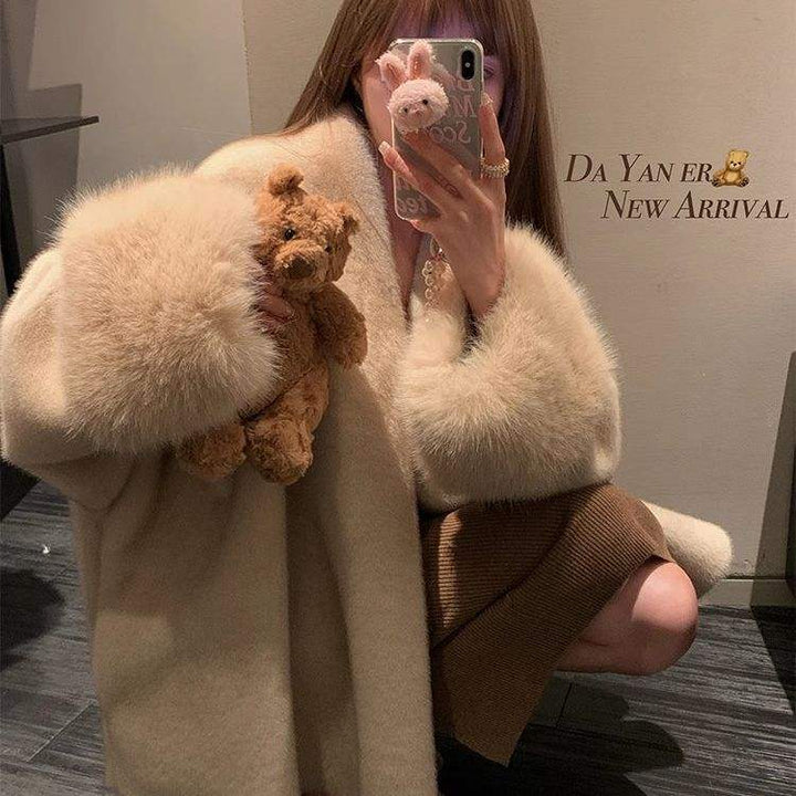 Beigefarbener Kunstfellmantel mit Teddybär, modischer Damenstil, IsabellBoutique030