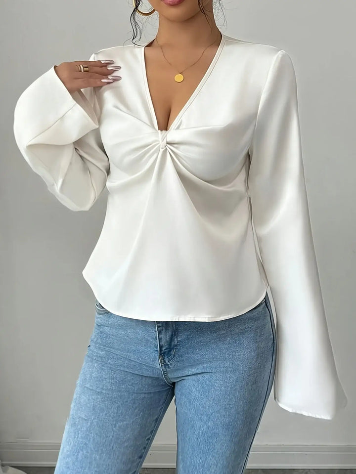 Weisse Bluse mit V-Ausschnitt &amp; Volantärmeln, elegantes Damenoberteil, IsabellBoutique030