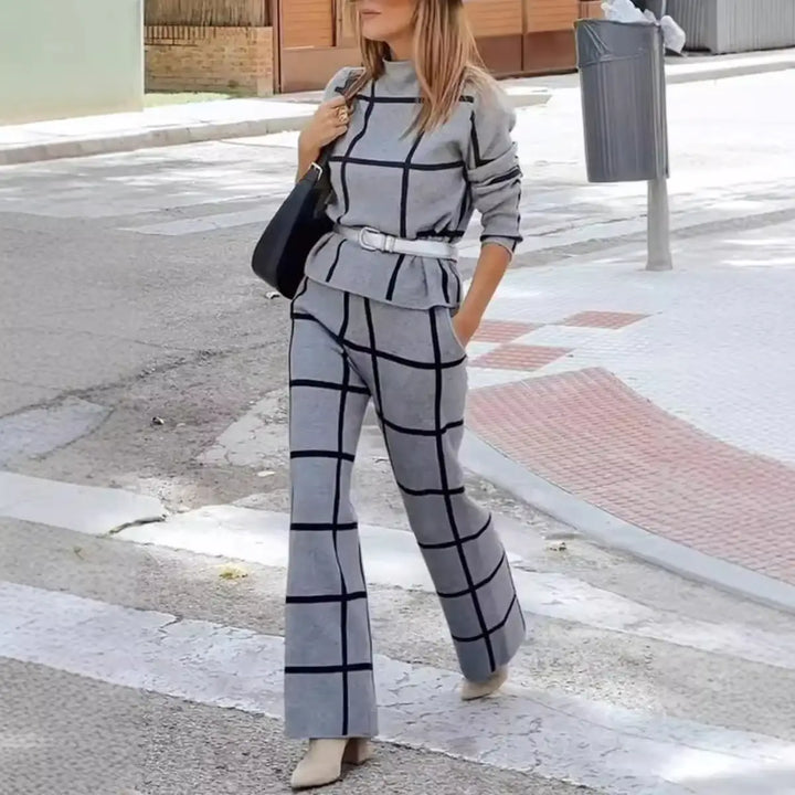 Damen Rollkragen Langarm Kariertes Print-Hosenanzug Set - Damenmode online kaufen | Isabell Boutique
