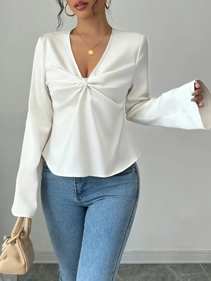 Weisses Oberteil mit Knoten und weiten Ärmeln, Jeans-Look, IsabellBoutique030