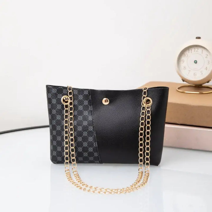 Schwarze Handtasche mit Kette und Muster, Damenmode bei IsabellBoutique030