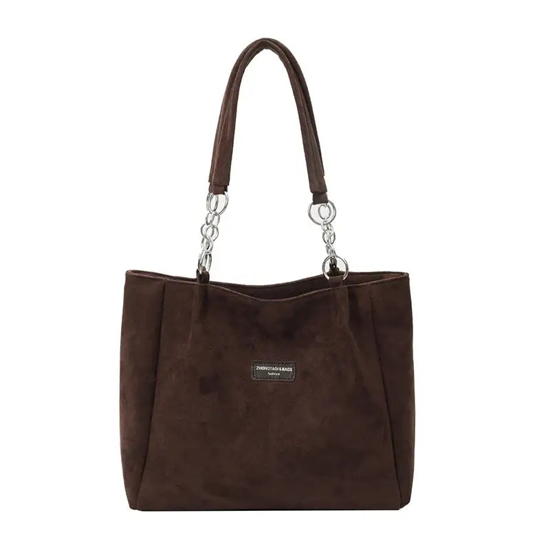 Braune Handtasche mit Kette und Henkeln, Wildleder-Optik, für Damen, IsabellBoutique030