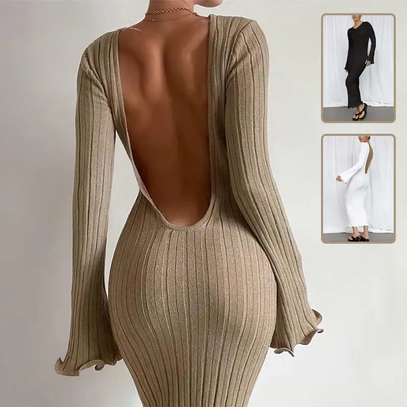 Figurbetontes, langärmliges Maxi-Strickkleid mit Rüschen, rückenfreiem Design und sexy Hüftschnitt – ideal für Party & Strand - Damenmode online kaufen | Isabell Boutique