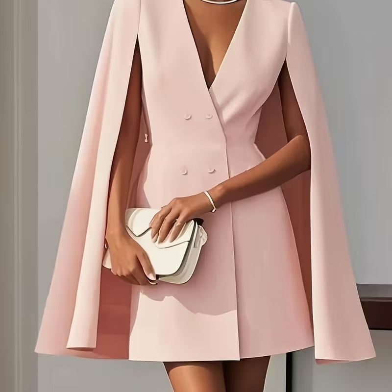 Rosa Cape-Kleid mit V-Ausschnitt und Knöpfen, stilvoll mit weißer Clutch, IsabellBoutique030