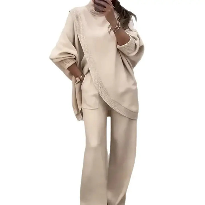 Beige Damen-Hosenanzug, Strickpullover mit weiten Hosen, lässiger Look, IsabellBoutique030
