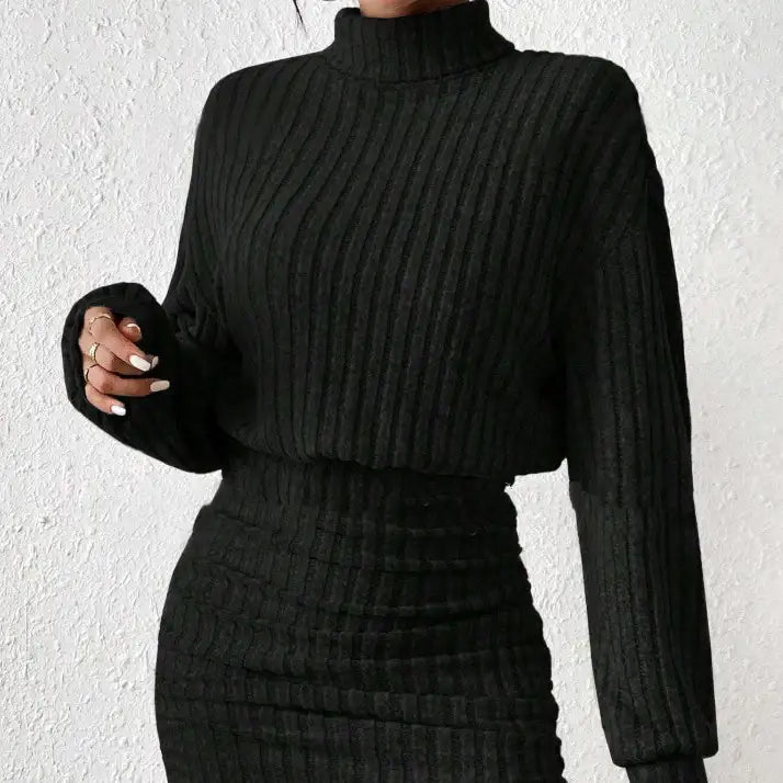 Langarm-Strickanzug mit hohem Kragen und Rippstrick-Design - Damenmode online kaufen | Isabell Boutique