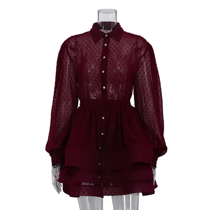 Bordeauxfarbenes Hemdblusenkleid mit Puffärmeln und Punkten, Sommerkleid von IsabellBoutique030