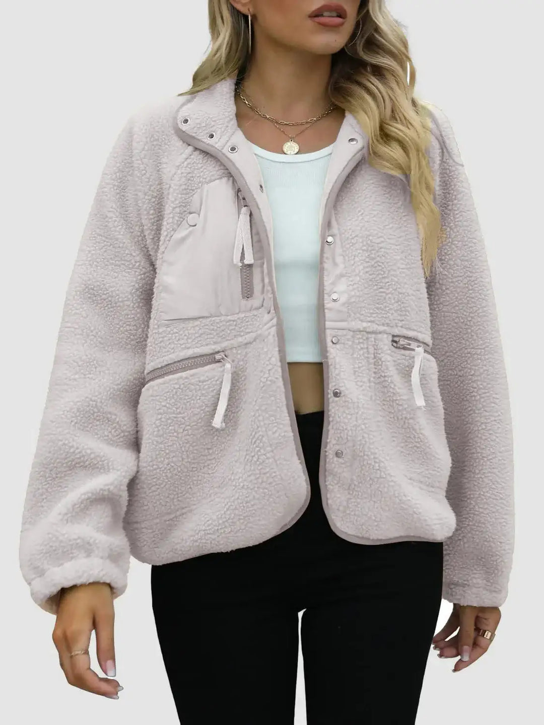 Graue Teddy Fleece Jacke mit Taschen, legerer Stil, Damenmode bei IsabellBoutique030