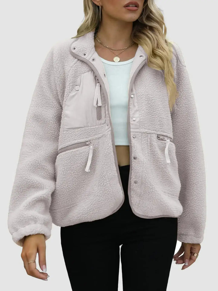Graue Teddy Fleece Jacke mit Taschen, legerer Stil, Damenmode bei IsabellBoutique030