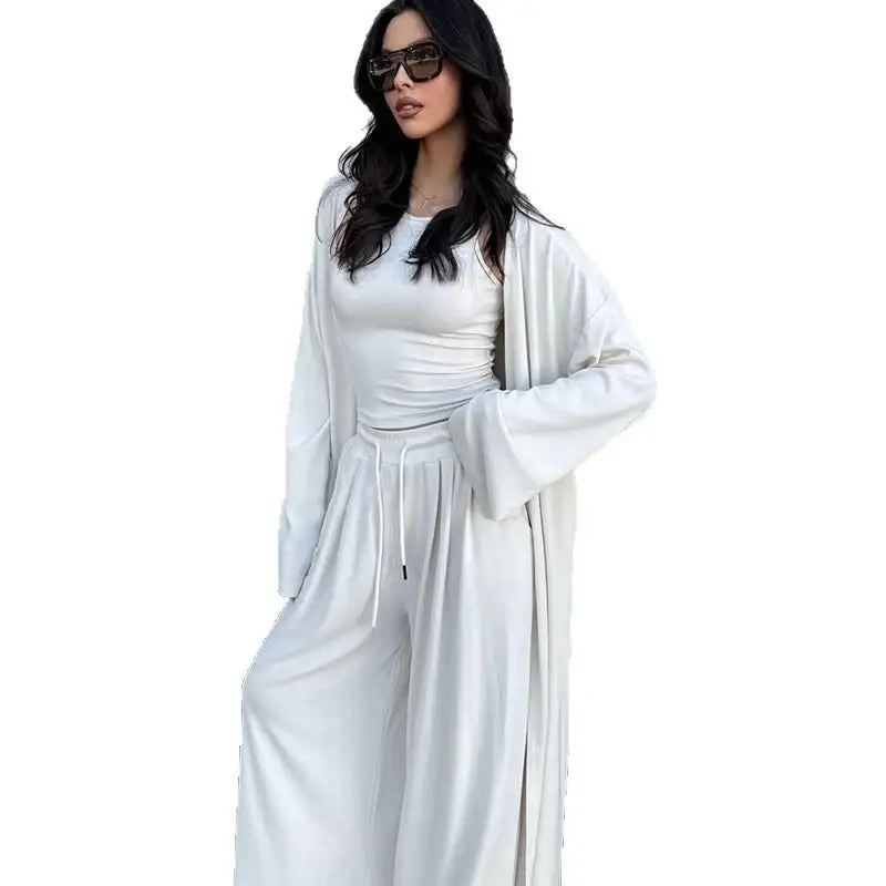 Weißes zweiteiliges Outfit, lässiger Stil, Hose mit Palazzohosen, Oberteil ve Kimono, IsabellBoutique030