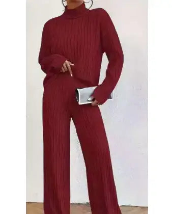 Bordeaux Strick-Set Damen mit Rollkragen, weite Hose, Herbstmode, IsabellBoutique030
