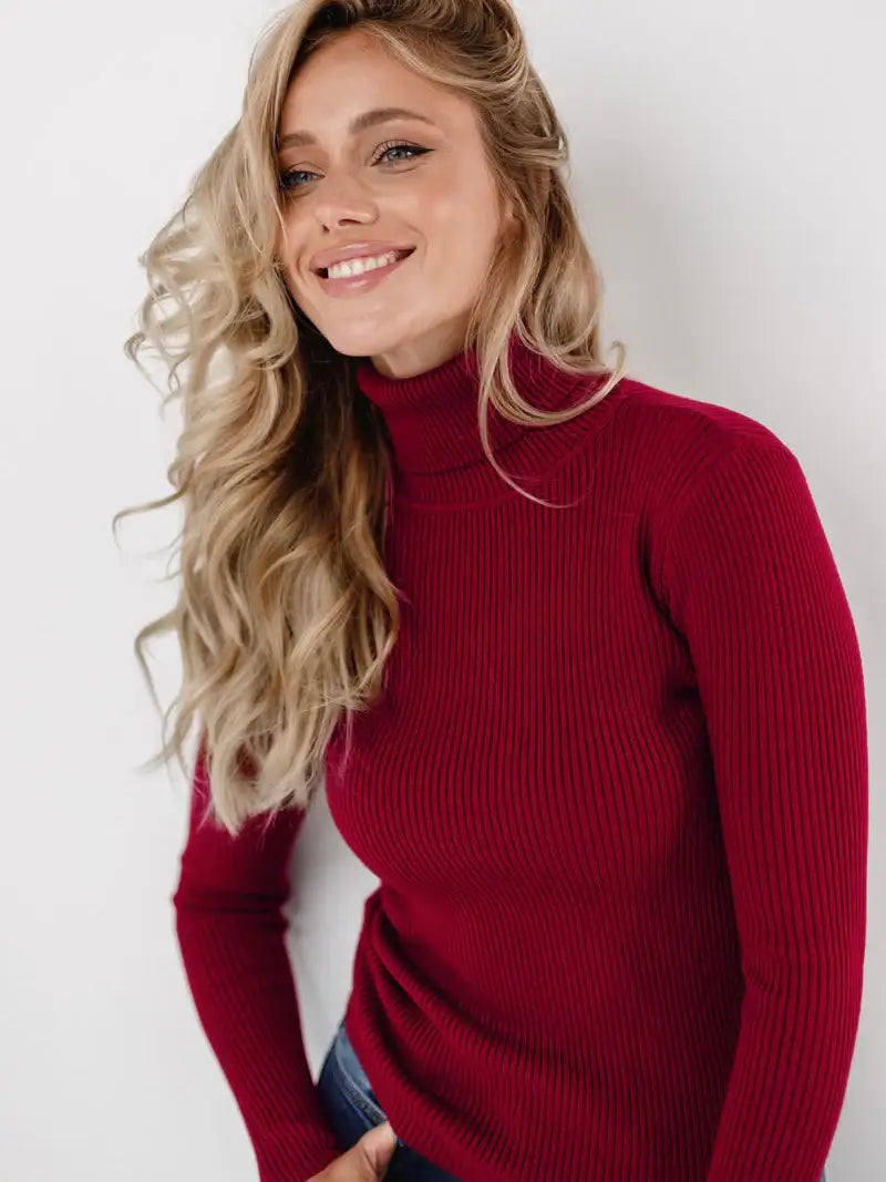 Roter Rollkragenpullover, Rippstrick, für Frauen, elegante Mode bei IsabellBoutique030