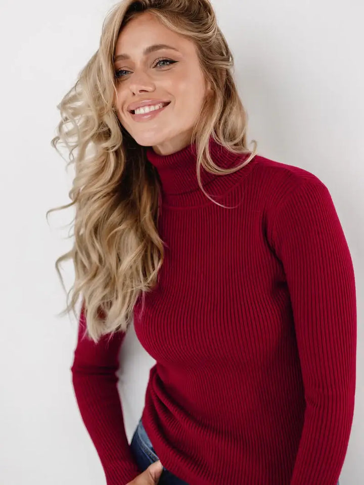 Roter Rollkragenpullover, Rippstrick, für Frauen, elegante Mode bei IsabellBoutique030