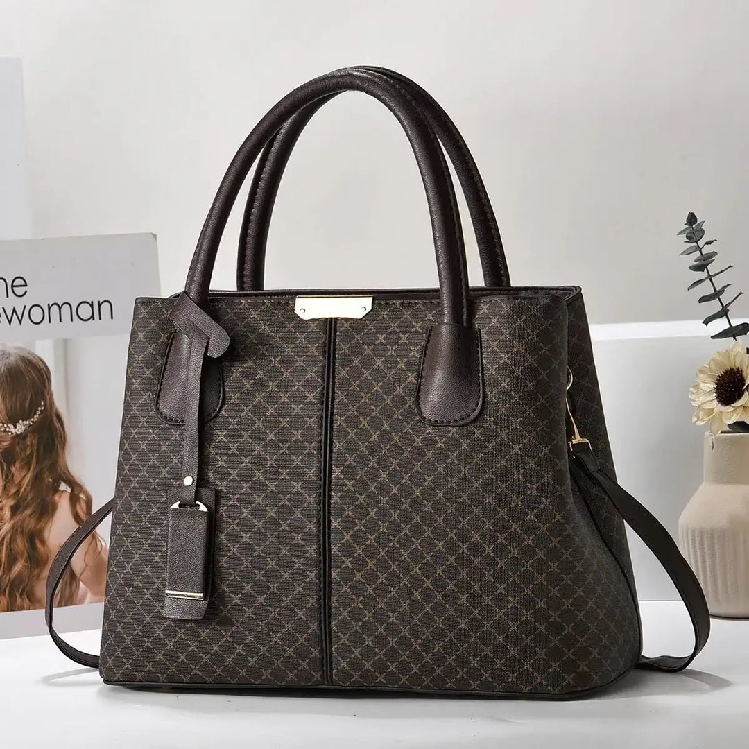 Dunkelbraune Handtasche mit Muster, Henkeln und Schulterriemen, für Damen, bei IsabellBoutique030