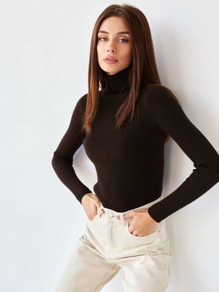 Dunkelbrauner Rollkragenpullover und beigefarbene Hose, Damenmode bei IsabellBoutique030