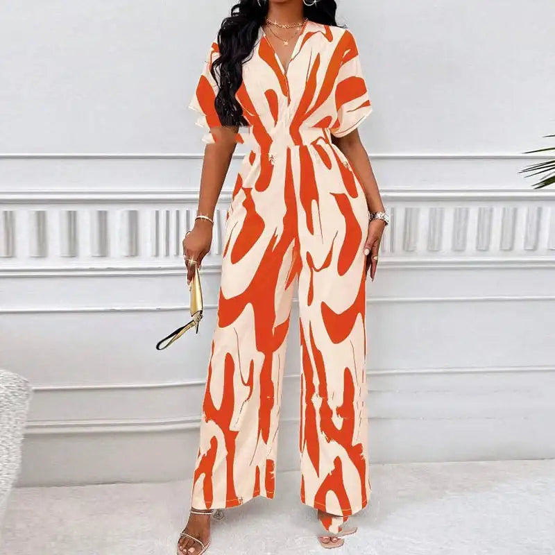 Locker Geschnittener Bedruckter Lang Jumpsuit mit V-Ausschnitt - Damenmode online kaufen | Isabell Boutique