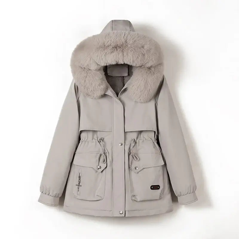 Grauer Damenparka mit Fellkragen, Kapuze, Reißverschluss und Taschen, IsabellBoutique030