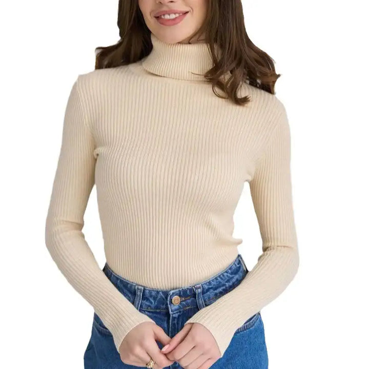 Beigefarbener Rollkragenpullover, gerippt, für Damen, IsabellBoutique030