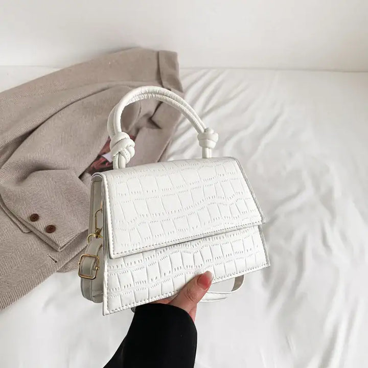 Weiße Handtasche im Kroko-Design mit Knoten-Griff, IsabellBoutique030