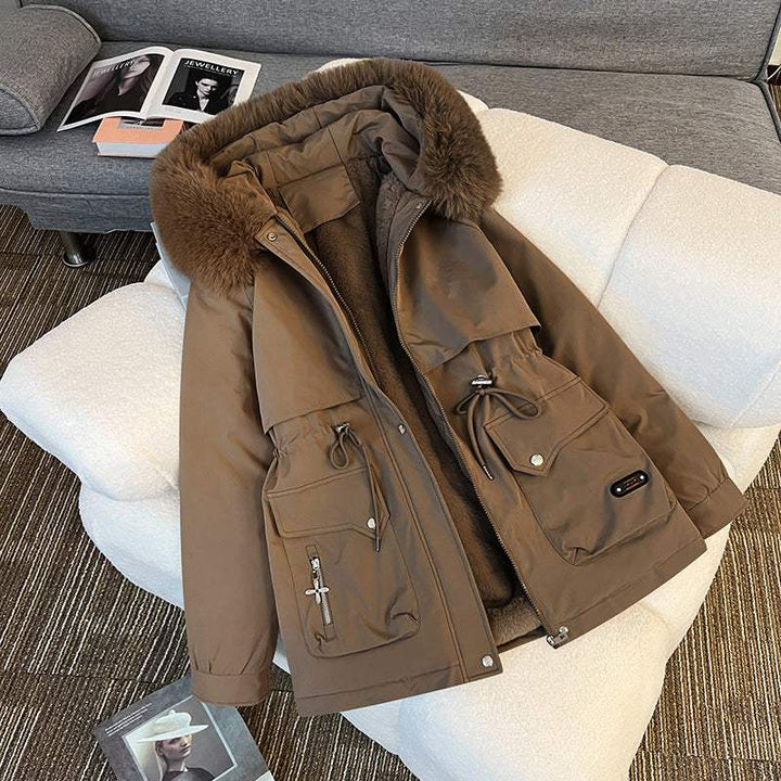 Braune Winterjacke mit Fellkapuze, Parka-Stil, Damenmode, IsabellBoutique030