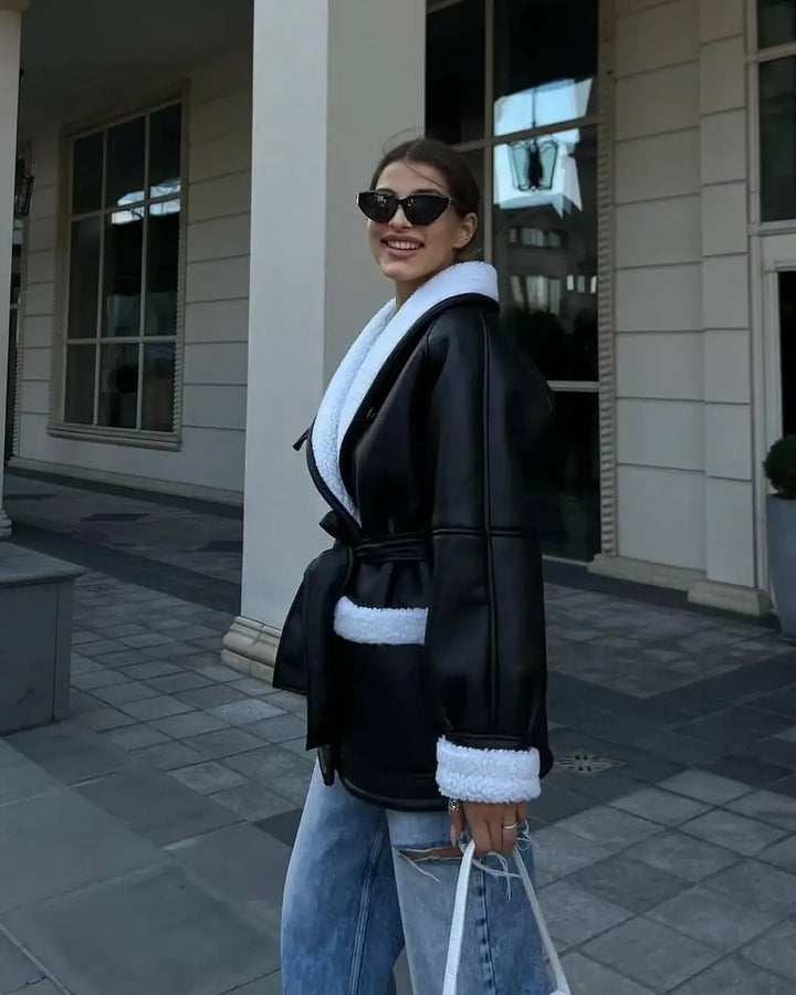 Schwarze Shearling Jacke, weiße Akzente, blaue Jeans, Damenmode, IsabellBoutique030