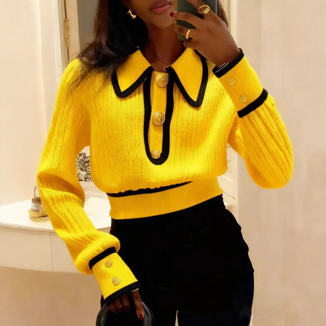 Gelber Damenpullover mit schwarzem Kragen und Knöpfen, IsabellBoutique030