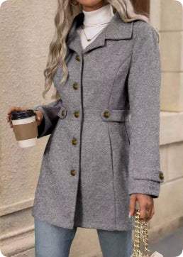Grauer Wollmantel mit Knöpfen, klassischer Stil, Damenmode, IsabellBoutique030