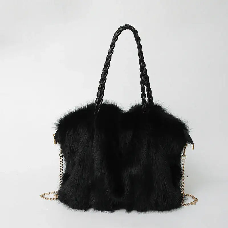 Neue Hochwertige Plüsch Schultertasche mit Faltenoptik in Kunst-Fuchsfell Design - Damenmode online kaufen | Isabell Boutique