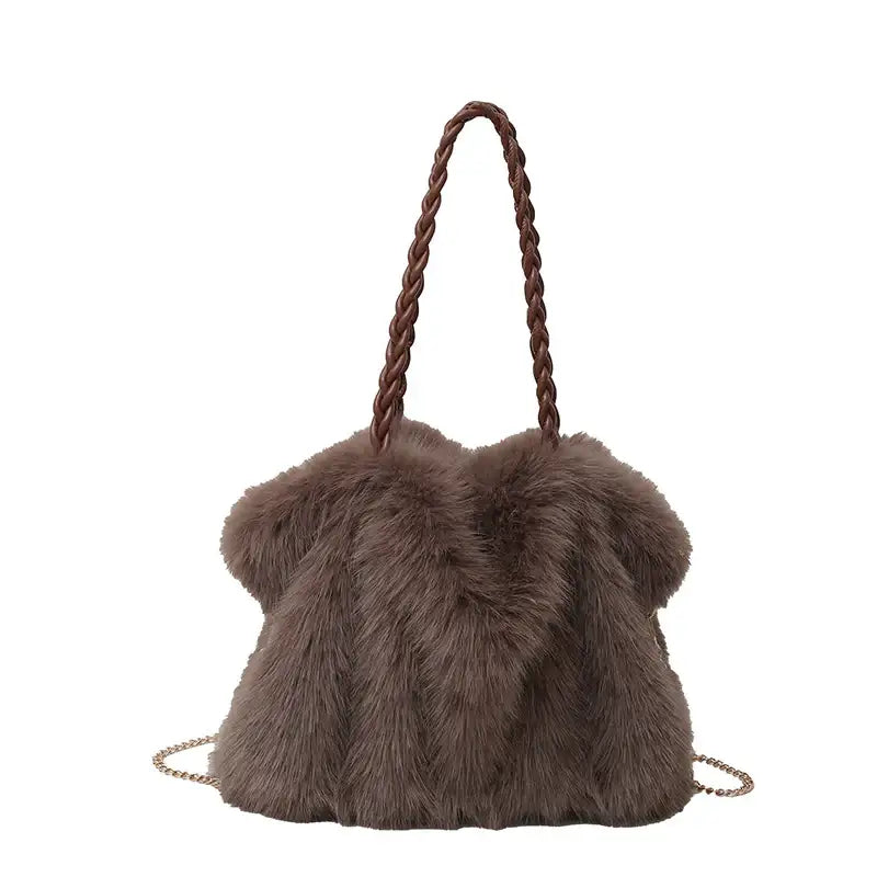 Neue Hochwertige Plüsch Schultertasche mit Faltenoptik in Kunst-Fuchsfell Design - Damenmode online kaufen | Isabell Boutique