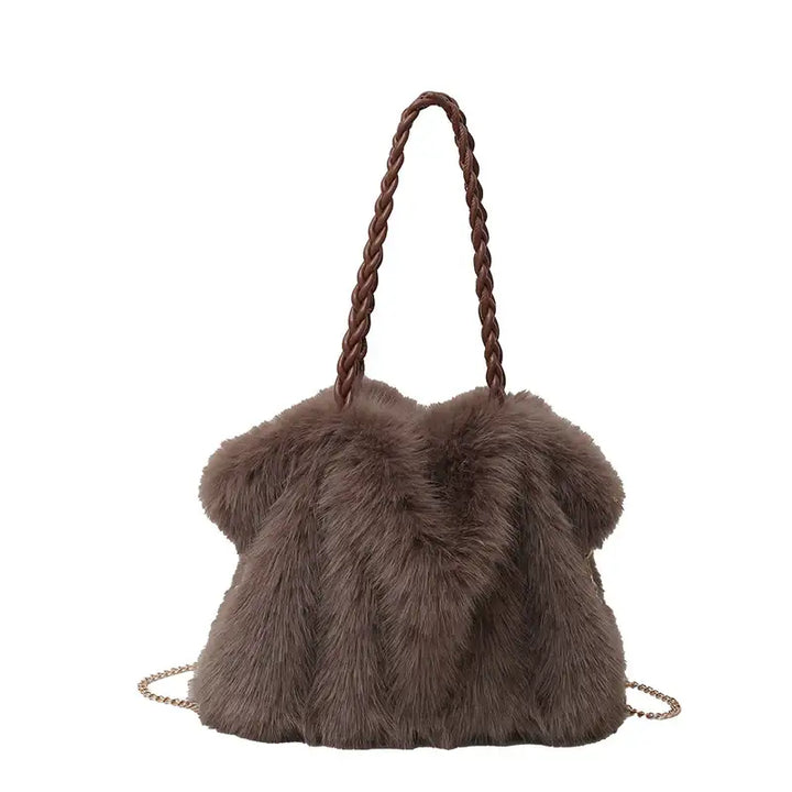 Neue Hochwertige Plüsch Schultertasche mit Faltenoptik in Kunst-Fuchsfell Design - Damenmode online kaufen | Isabell Boutique