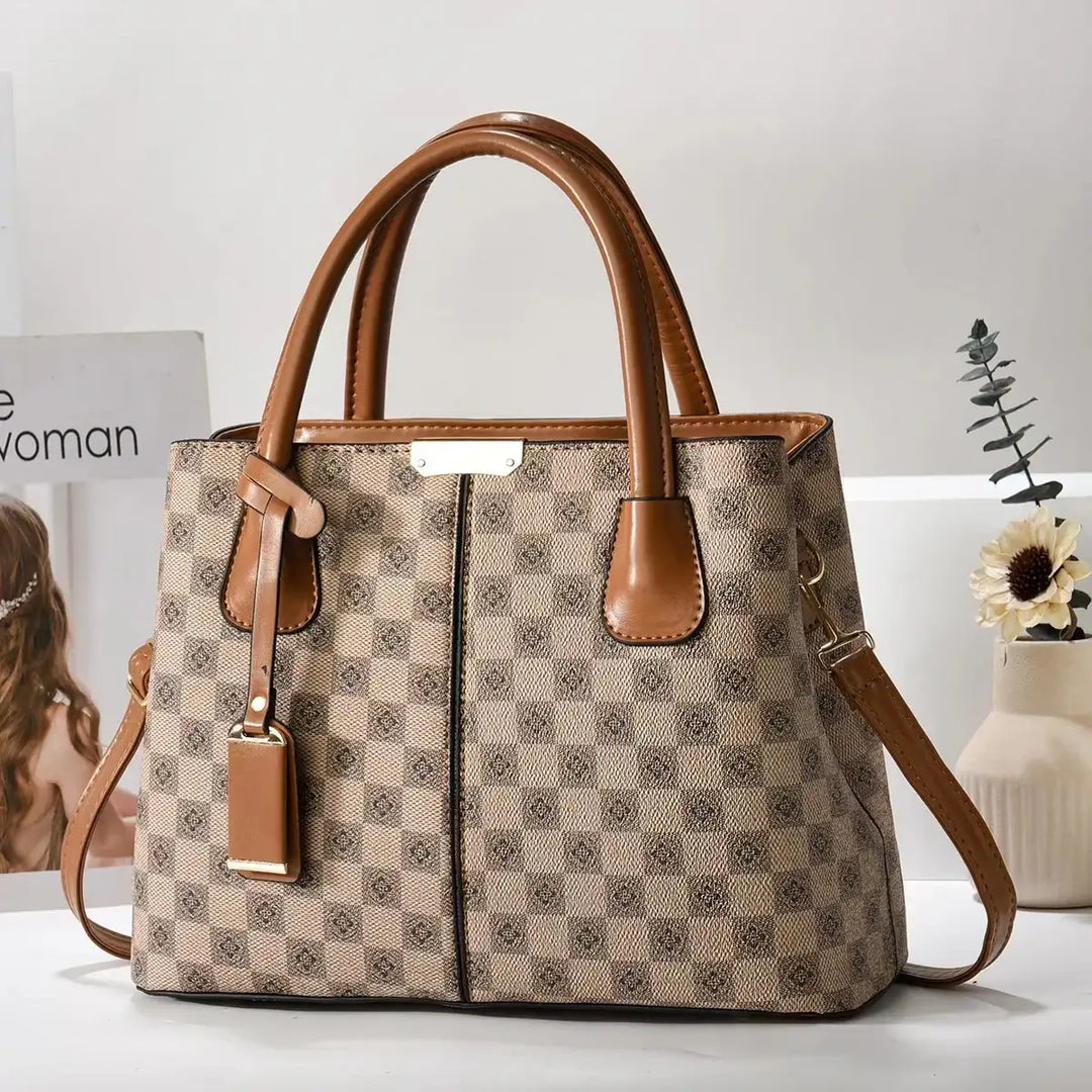 Beige karierte Handtasche mit braunen Henkeln, elegantes Design, IsabellBoutique030