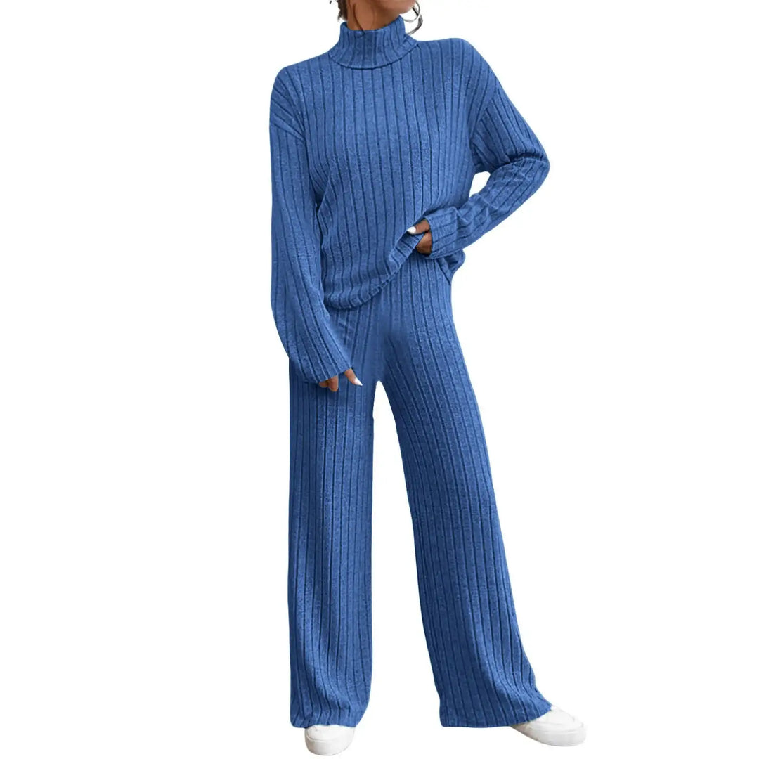Blaues Strick-Set mit Rollkragen und weiten Hosen, Damenmode, IsabellBoutique030